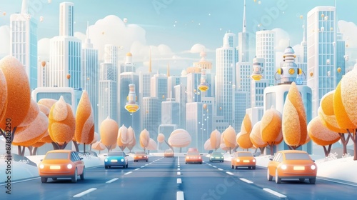 Futuristic city with hovering cars and robots, cartoon background, scifi adventure photo