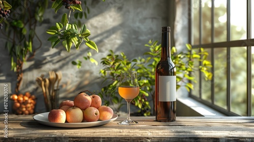 Wine and Apples on a Rustic Table photo