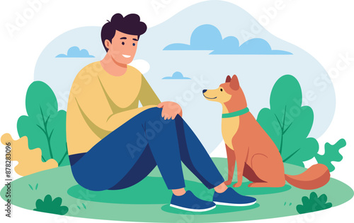 Man sitting with dog in park, enjoying peaceful outdoor time