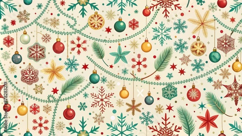 Wallpaper Mural Vibrant festive holiday pattern featuring stylized snowflakes, ornaments, and garlands on a soft, creamy white background for seasonal decorations. Torontodigital.ca