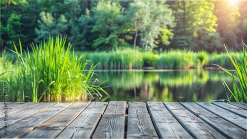 empty wooden jetty planks in front of a blurred water idyll background with wild vegetation in sunlight, beautiful summertime in nature lakeside, natural pond landscape with advertising space
