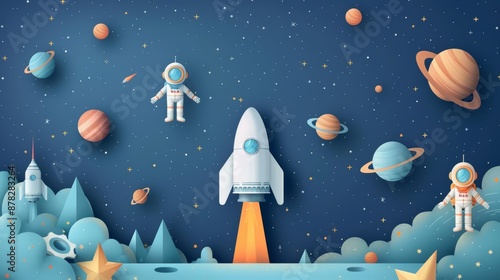 Fototapeta Naklejka Na Ścianę i Meble -  Space station with floating astronauts and gadgets, cartoon background, space exploration