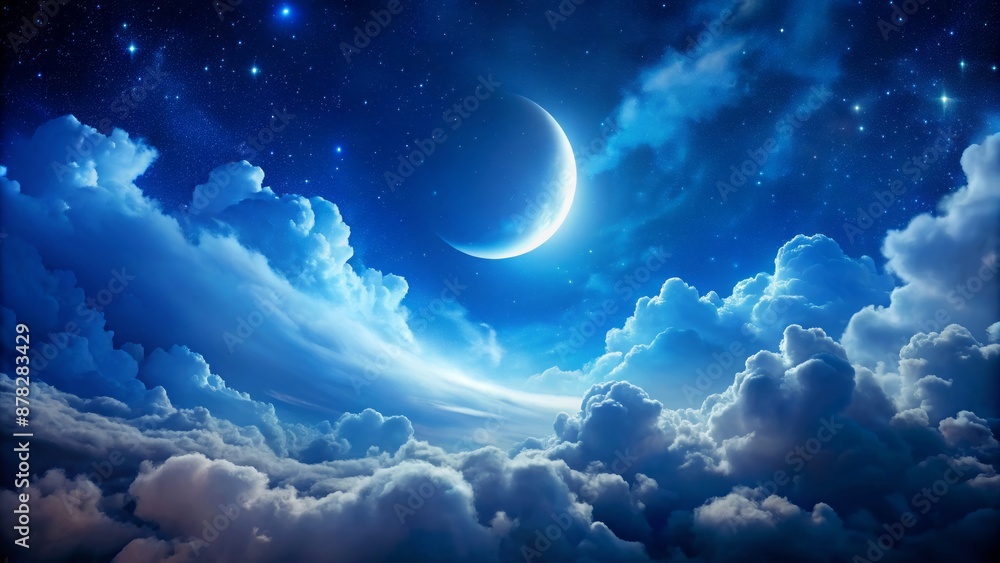 Serenely majestic dark blue nocturnal ambiance with crescent moon suspended amidst soft white clouds, bathed in ethereal blue luminescence. Serenely majestic dark blue nocturnal ambiance with crescent moon suspended amidst soft white clouds, bathed in ethereal blue luminescence.