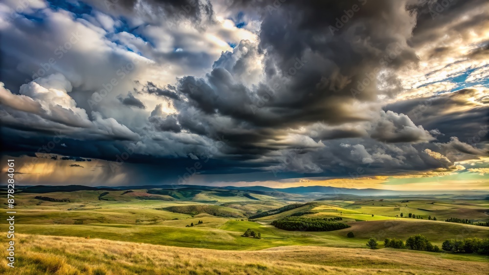Vast, ominous, gray clouds dominate the horizon, casting a somber mood over the tranquil, empty, rolling hills landscape panorama. Vast, ominous, gray clouds dominate the horizon, casting a somber mood over the tranquil, empty, rolling hills landscape panorama.