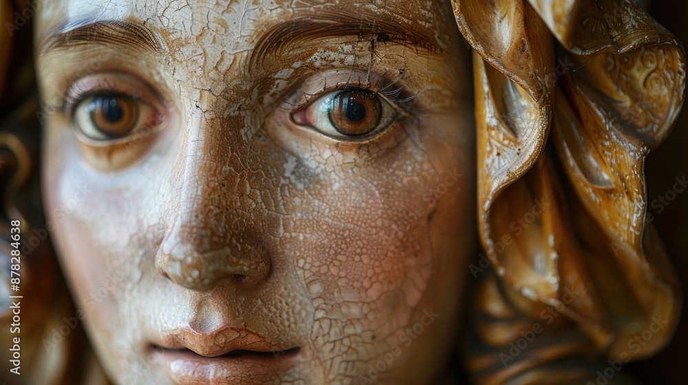 Close-up of a Weathered Wooden Statue's Face