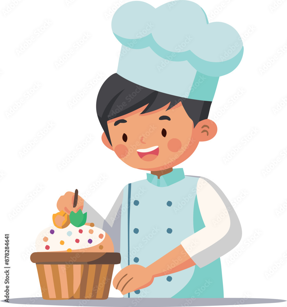 Young boy chef decorating a delicious cupcake with sprinkles and fruits Young boy chef decorating a delicious cupcake with sprinkles and fruits