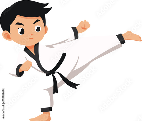 Cartoon boy practicing karate kick in white uniform with black belt