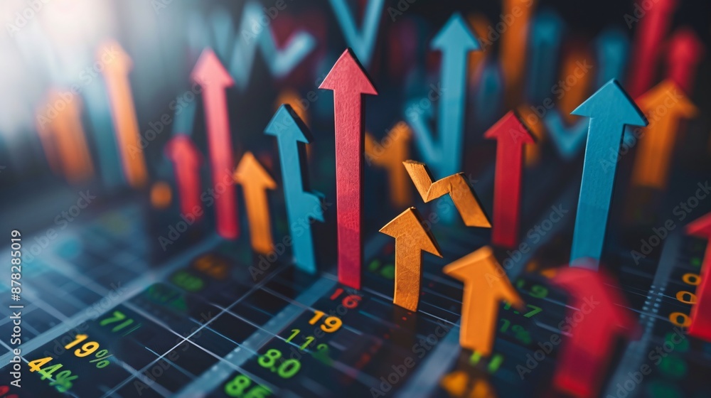 Fototapeta premium Paper craft art of a stock market indicator with upward arrows Stock Photo with copy space