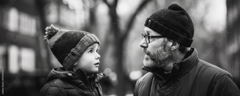 Black and white photo of a father and son wearing winter clothing in the city Black and white photo of a father and son wearing winter clothing in the city