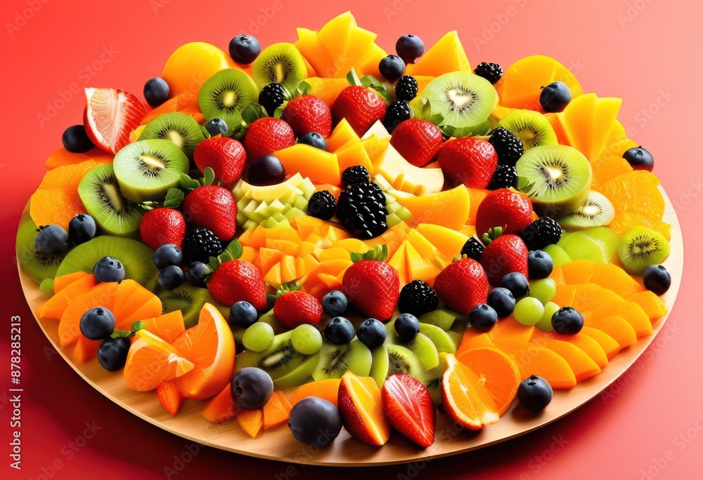 colorful geometric fruit salad arrangement vibrant fresh ingredients, display, patterned, assorted, healthy, appetizing, decorative, nutritious, organized colorful geometric fruit salad arrangement vibrant fresh ingredients, display, patterned, assorted, healthy, appetizing, decorative, nutritious, organized