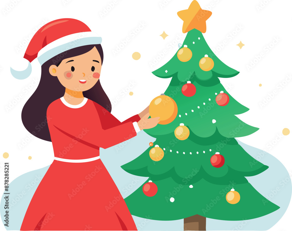 Young girl decorating Christmas tree with ornaments and wearing Santa hat Young girl decorating Christmas tree with ornaments and wearing Santa hat
