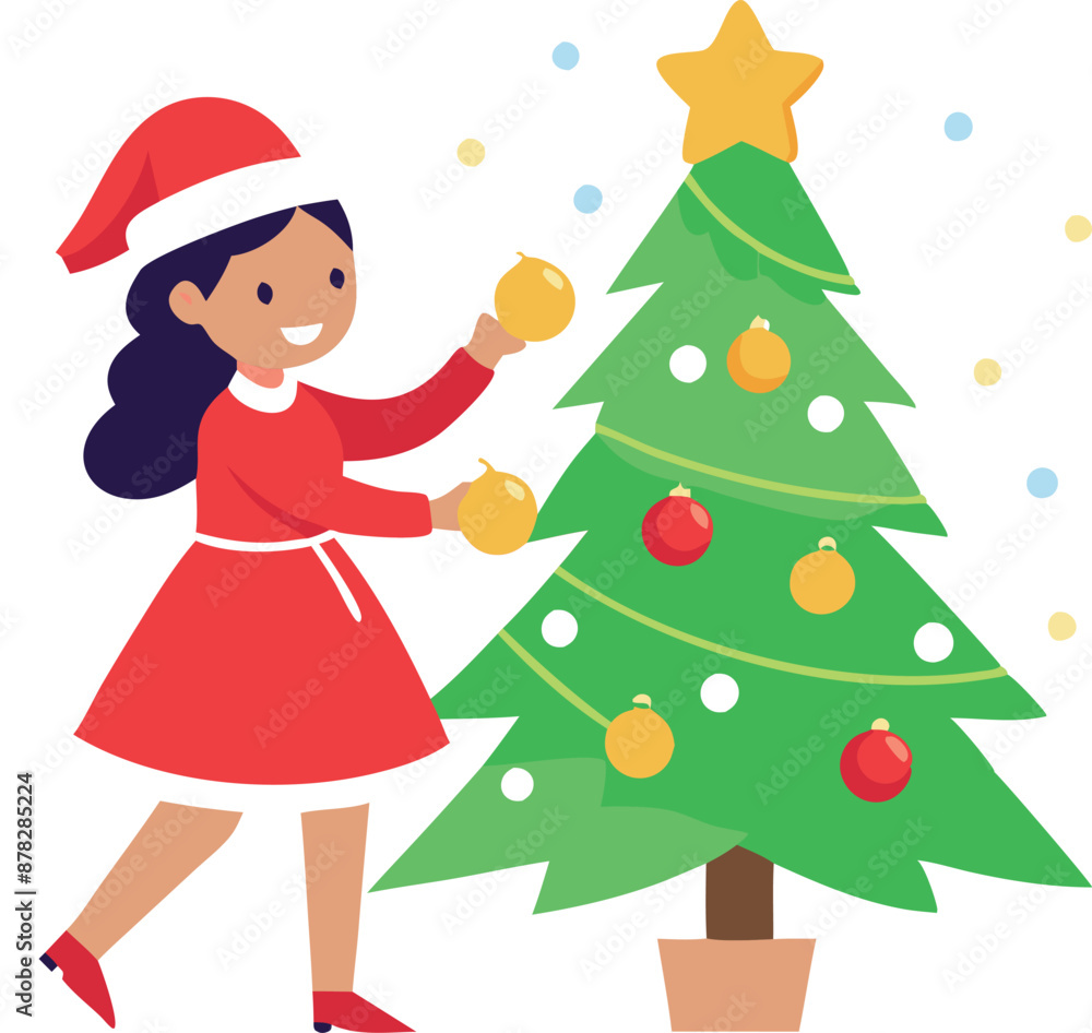 Girl decorating Christmas tree with ornaments in Santa hat and red dress Girl decorating Christmas tree with ornaments in Santa hat and red dress