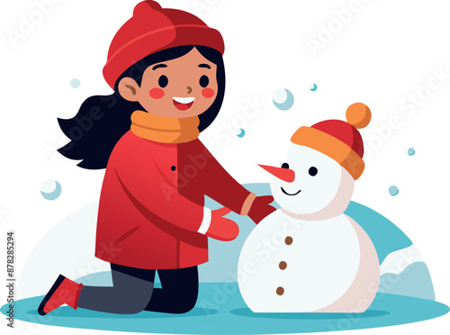 Illustration of a happy girl building a snowman in winter clothing