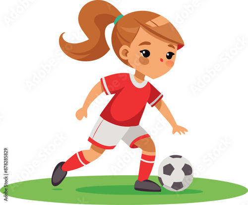 Young girl playing soccer with enthusiasm on a grassy field in a red sports uniform