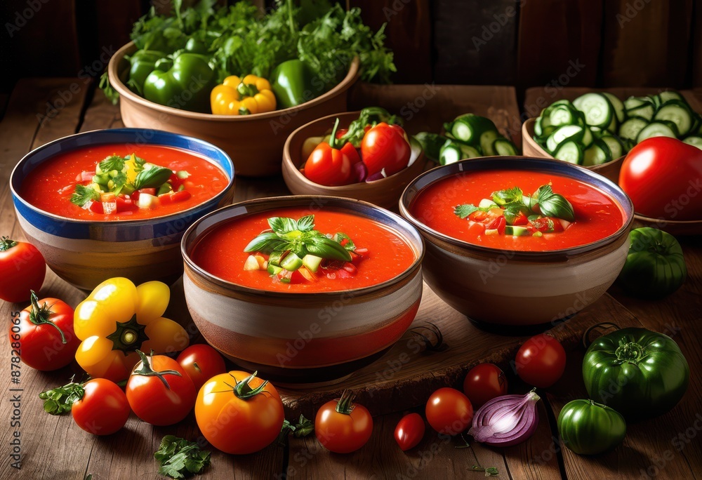 vibrant freshly made gazpacho served bowls colorful ingredients, healthy, organic, soup, tomato, vegetable, appetizer, culinary, delicious, dining, dish vibrant freshly made gazpacho served bowls colorful ingredients, healthy, organic, soup, tomato, vegetable, appetizer, culinary, delicious, dining, dish