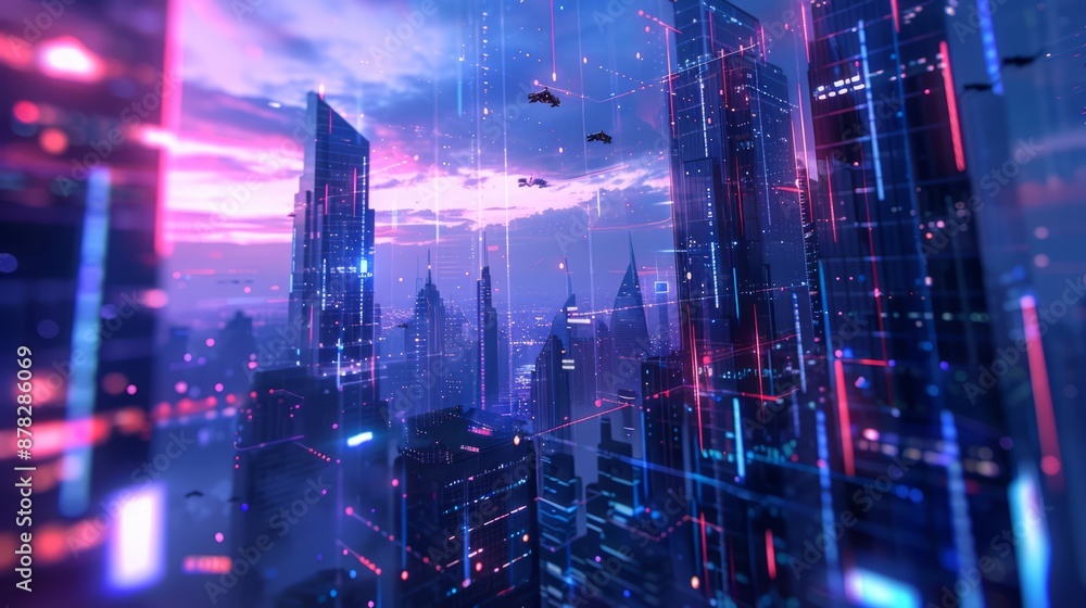 Fototapeta premium futuristic digital hologram background that simulates a cityscape at dusk