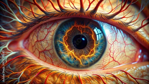 Macro view of a magnified human eye's anatomy with optic nerve and blood vessels under microscope illumination for biology study.
