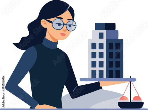 Illustration of businesswoman holding a building model and scale for legal consultation.