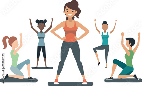 Group workout fitness class with diverse women exercising together and supporting each other