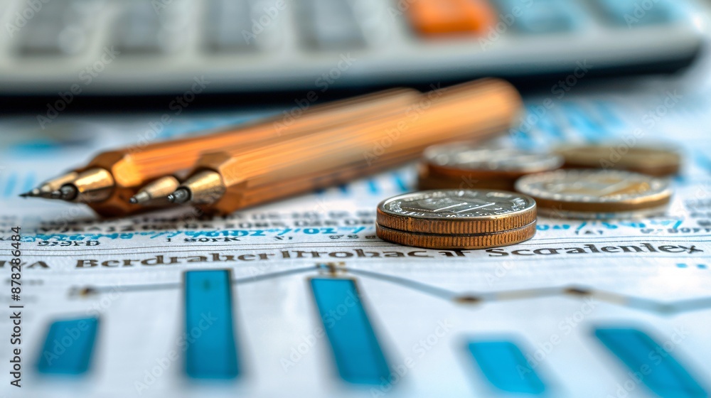 Fototapeta premium Investment portfolio flat lay with paper bonds stocks and market trend lines Stock Photo with copy space