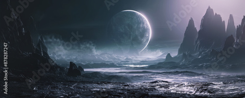 A large crescent moon over a mountainous alien landscape