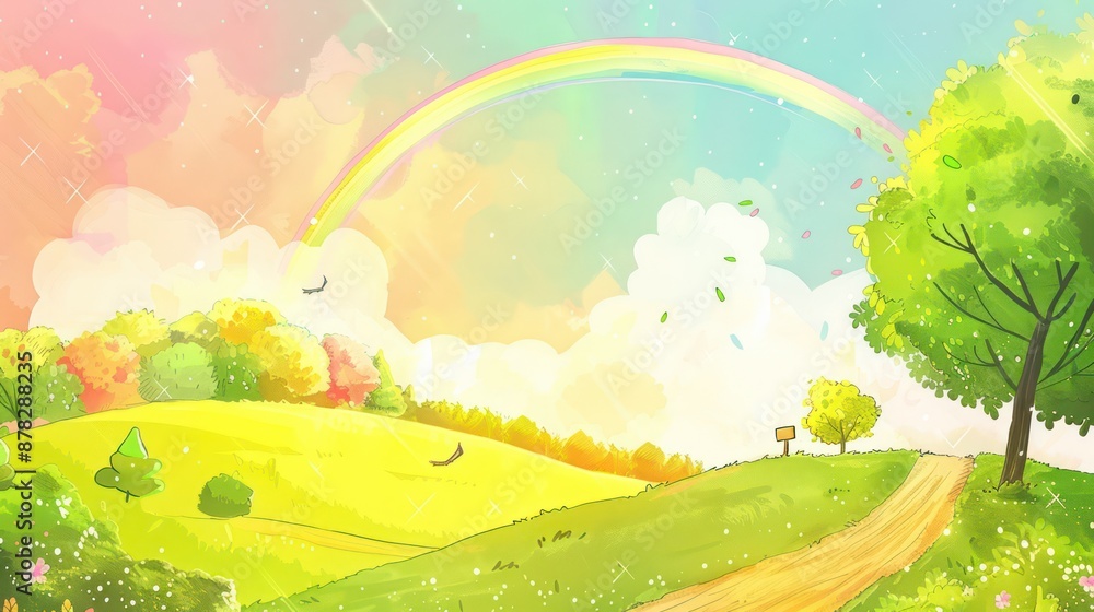 Fototapeta premium Vibrant landscape with trees, rainbow, sunshine, and winding path.