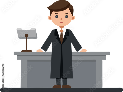 Cartoon judge at bench giving verdict in courtroom, legal cartoon illustration