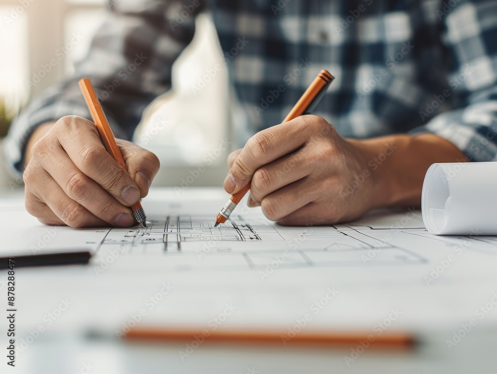 Close-up of an architect's hands drawing blueprints and plans on a desk with precision and focus, wearing a plaid shirt. Close-up of an architect's hands drawing blueprints and plans on a desk with precision and focus, wearing a plaid shirt.