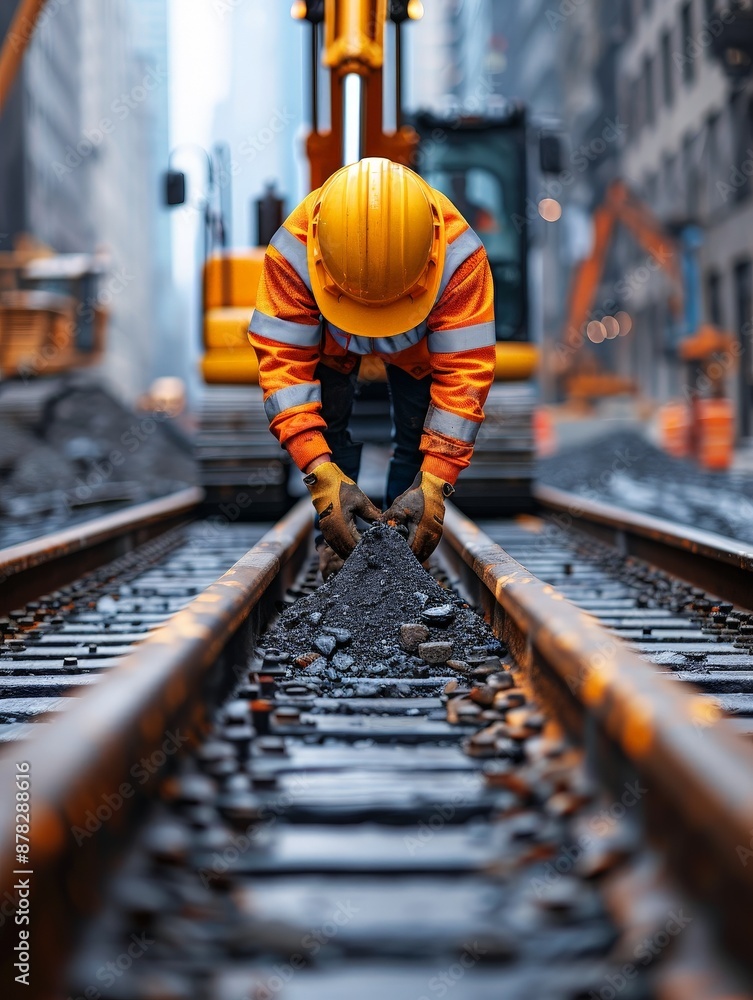 Construction worker with safety gear fixing train tracks in urban city setting, showcasing manual labor and infrastructure development at dusk. Construction worker with safety gear fixing train tracks in urban city setting, showcasing manual labor and infrastructure development at dusk.