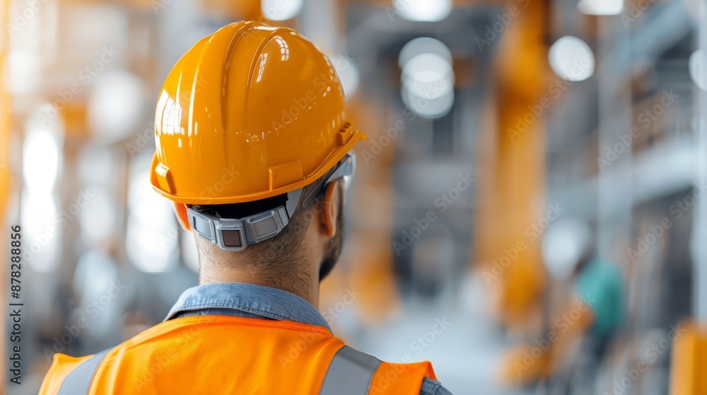 Rear view of a construction worker in safety gear, including a hard hat and vest, inside an industrial warehouse setting. Rear view of a construction worker in safety gear, including a hard hat and vest, inside an industrial warehouse setting.