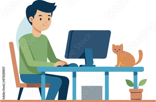 Young man working on computer at home office with cat and potted plant