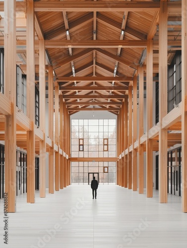 Modern architectural interior with wooden beams and large windows, featuring a lone person walking down a spacious hallway.