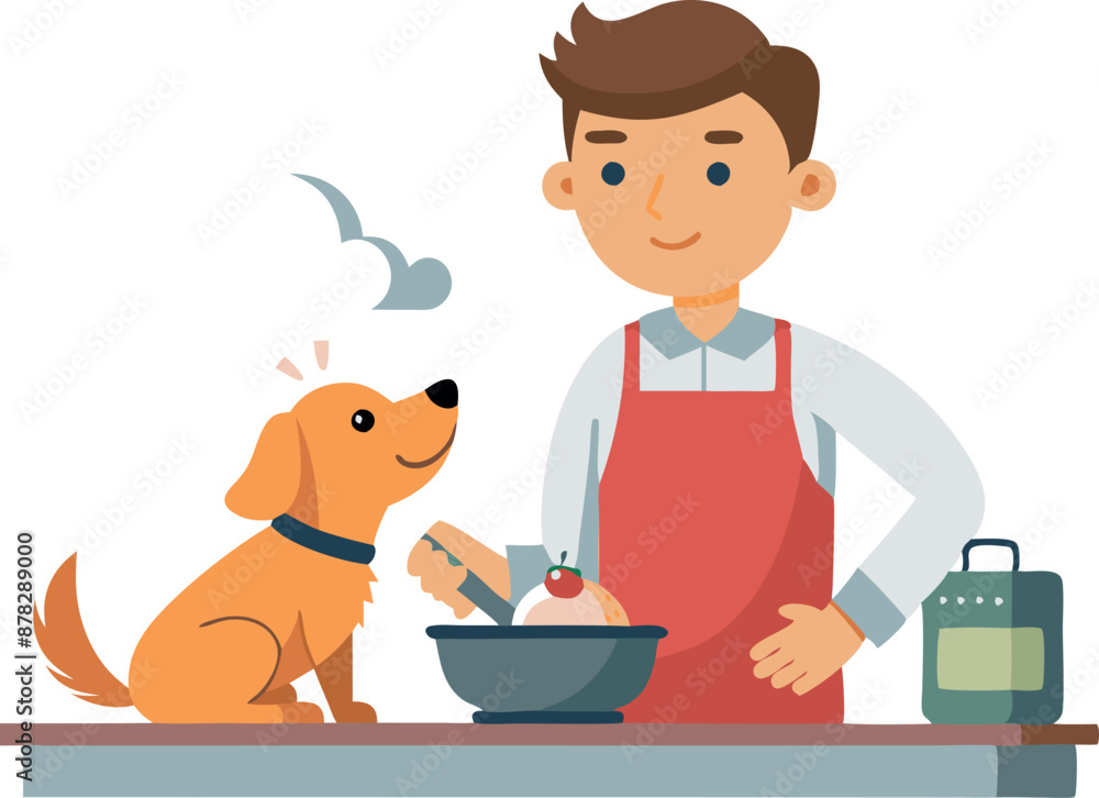 Illustration of man in kitchen with dog watching him cook a meal Illustration of man in kitchen with dog watching him cook a meal