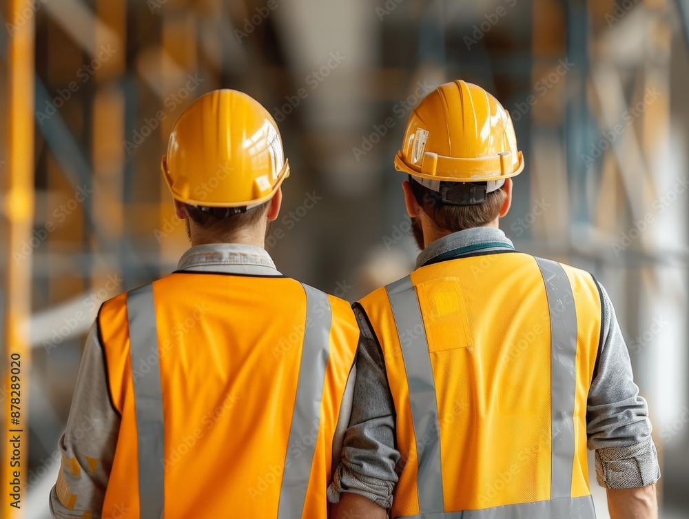 Two construction workers in safety vests and hard hats from behind, standing at a building site. Perfect for construction or teamwork themes. Two construction workers in safety vests and hard hats from behind, standing at a building site. Perfect for construction or teamwork themes.