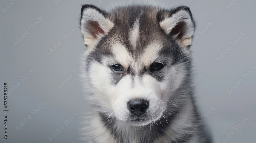 Alaskan Malamute Puppy Portrait on Gray Background Alaskan Malamute Puppy Portrait on Gray Background