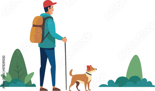 Illustration of a man hiking with his dog in nature, enjoying the outdoors