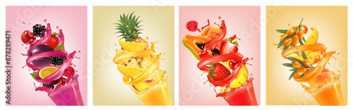 Set of fruit juice splash. Whole and sliced pineapple, mango, peach, orange, cherry, blueberry, strawberry, papaya, sea buckthorns in juice with splashes and drops. Vector