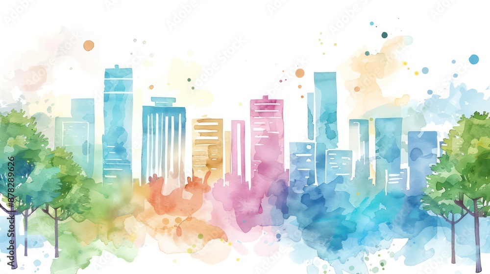 Fototapeta premium Watercolor city with buildings and trees in vibrant colors.