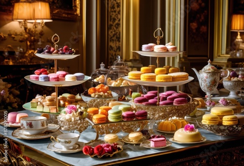 extravagant high tea display assorted elegantly arranged tempting treats, buffet, cake, confectionery, dainty, delicacies, desserts, event, exquisite © Yaroslava