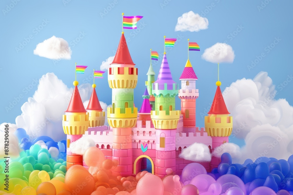 A rainbow castle with flags on the roof A rainbow castle with flags on the roof