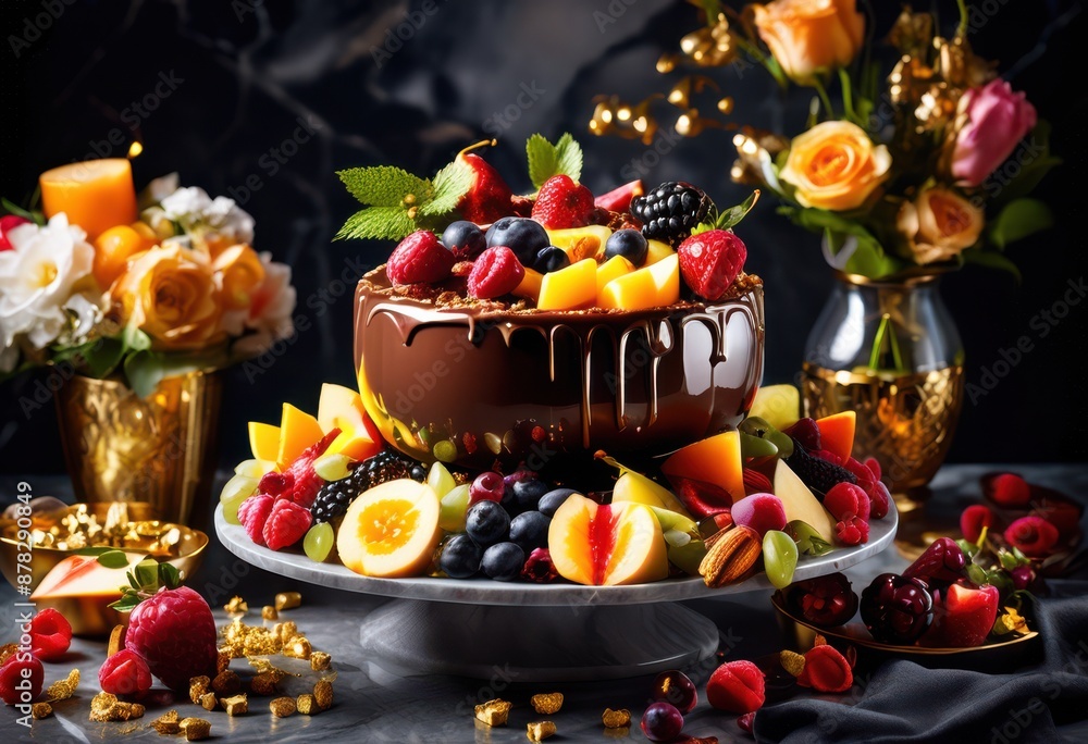 shiny chocolate fondue cascading over fresh fruits tempting display, glistening, dessert, delicious, dipping, strawberries, pineapple, grapes, indulgent shiny chocolate fondue cascading over fresh fruits tempting display, glistening, dessert, delicious, dipping, strawberries, pineapple, grapes, indulgent
