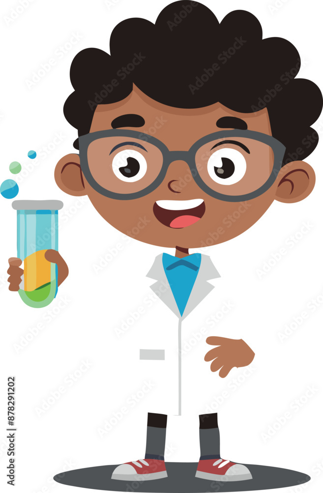 Cute cartoon boy scientist holding test tube with colorful chemicals Cute cartoon boy scientist holding test tube with colorful chemicals