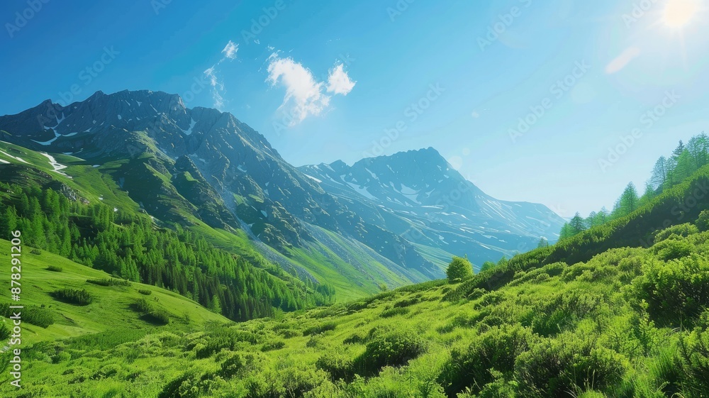 Obraz premium Beautiful lush green mountain landscape with clear blue sky and sunlight