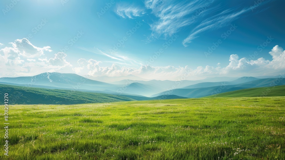 Expansive green meadow with mountains and bright blue sky Expansive green meadow with mountains and bright blue sky