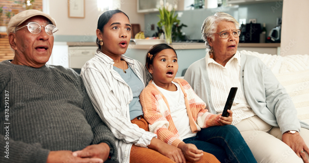 Obraz premium Family, shock and couch in living room, movie and streaming with grandparents in home. Lounge, remote and action series or TV show with female person, bonding and support together for weekend relax