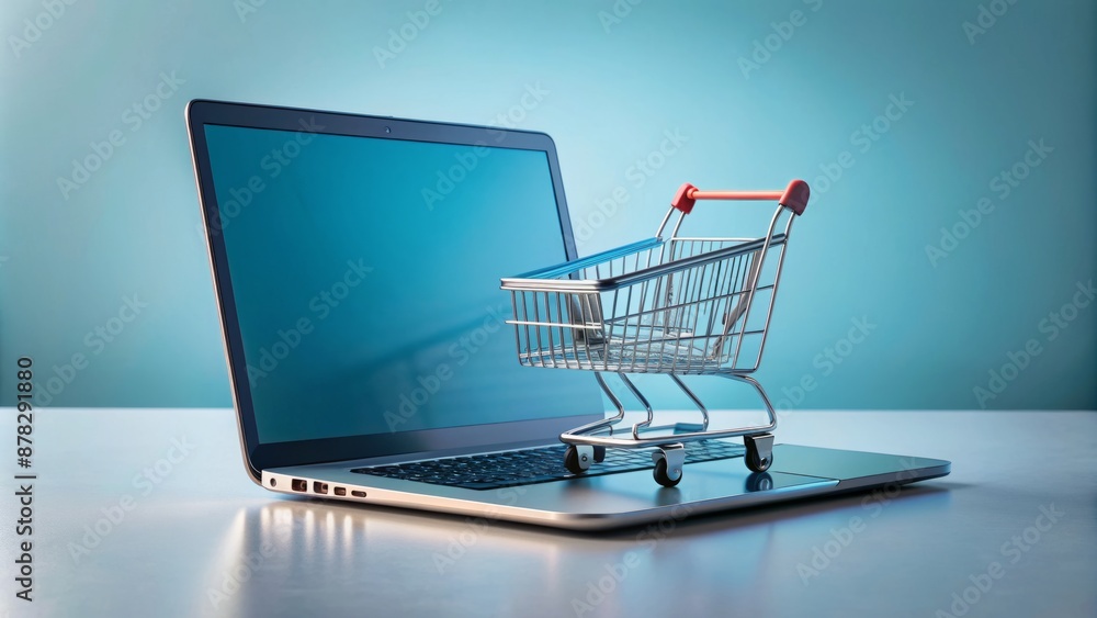 E-commerce concept illustrated with minimalist shopping cart and laptop on a soft blue background, showcasing online store functionality. E-commerce concept illustrated with minimalist shopping cart and laptop on a soft blue background, showcasing online store functionality.