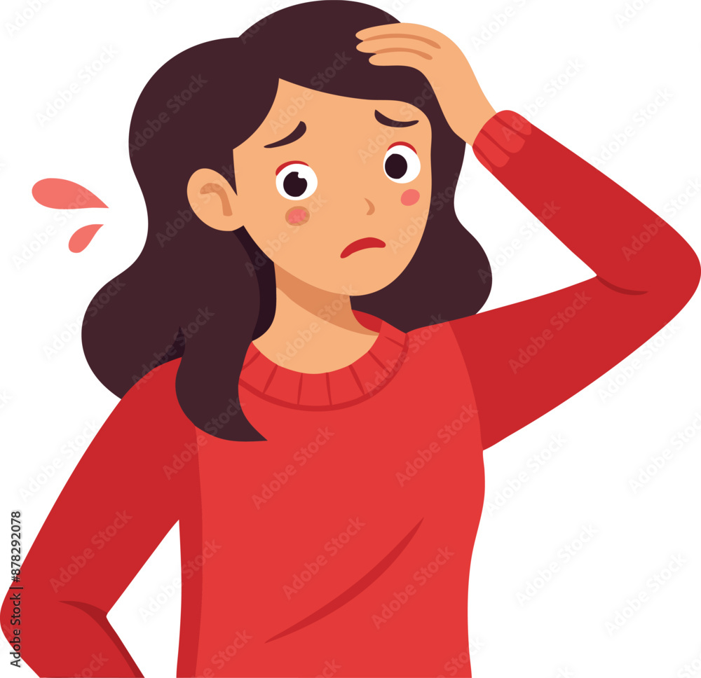 Illustration of a worried woman in red sweater with hand on head showing stress or confusion Illustration of a worried woman in red sweater with hand on head showing stress or confusion
