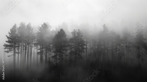 Foggy forest with tall trees and misty atmosphere at dawn or dusk