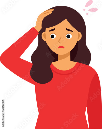 Illustration of a worried woman in a red shirt with hand on head expressing concern