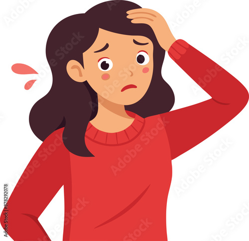 Illustration of a worried woman in red sweater with hand on head showing stress or confusion